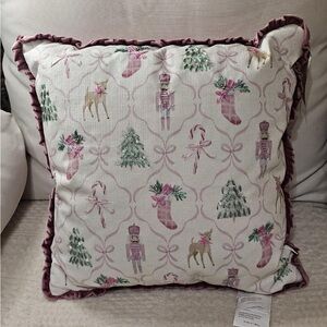 Holiday Christmas Pillow Pink nutcracker, bow, tree, deer, Lillian August